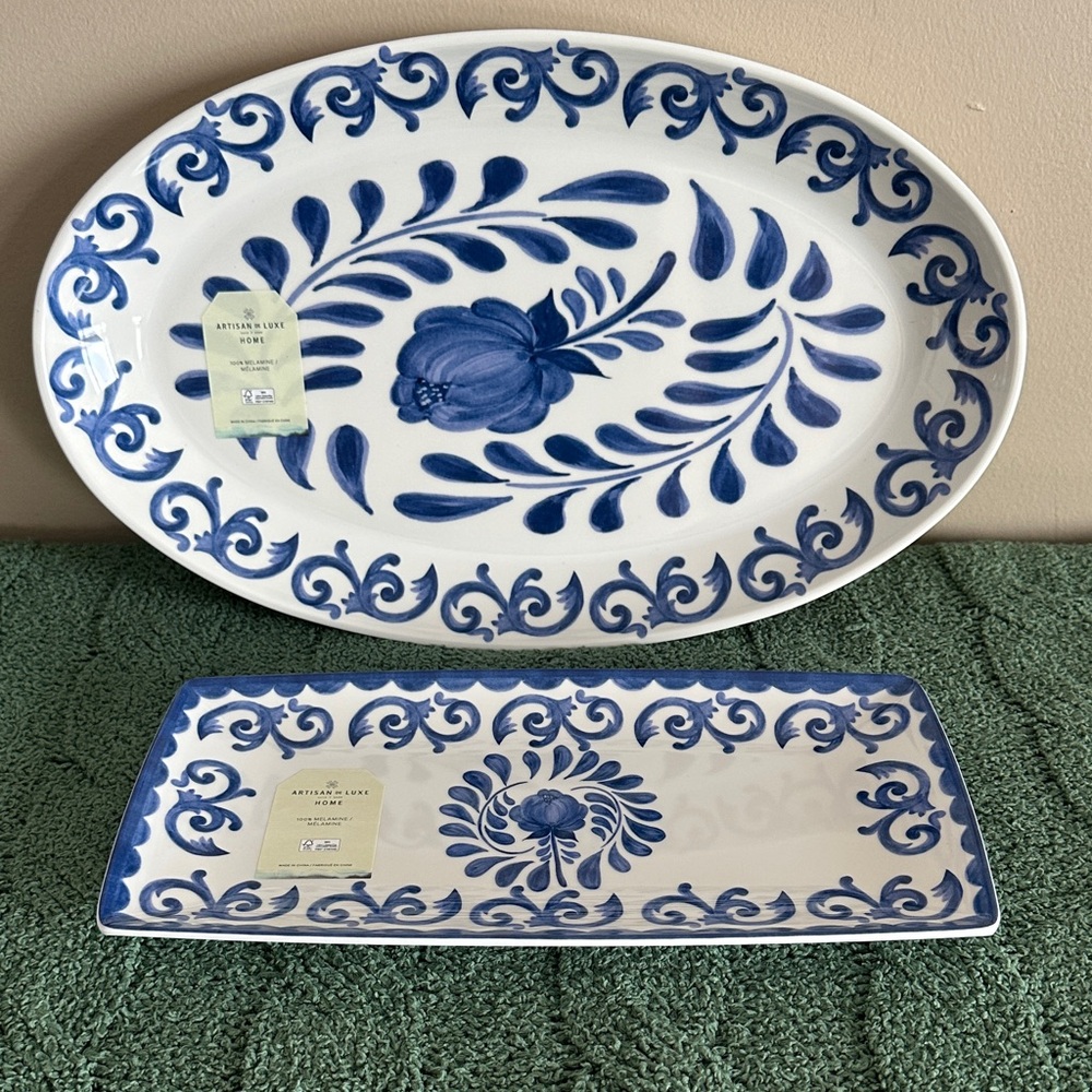 Artisan de Luxe Blue Scroll Melamine Serving Trays Set of 2 NEW!